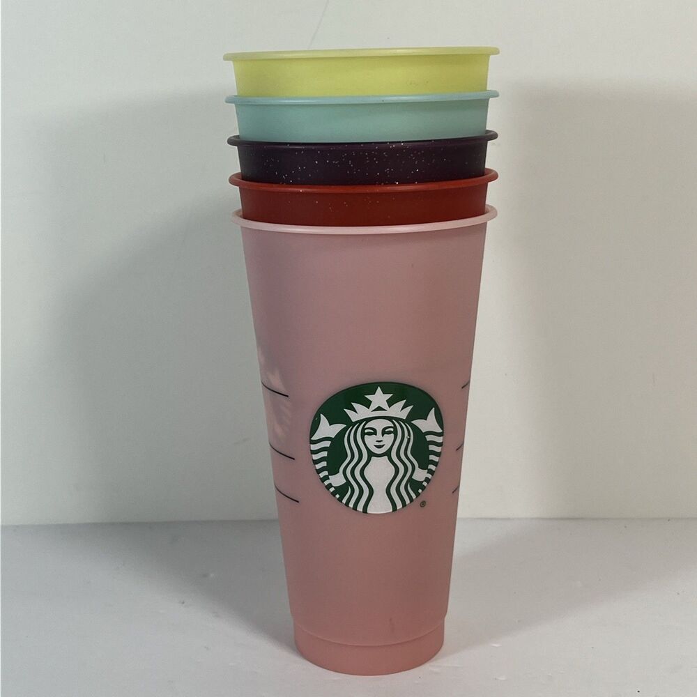 (Lot of 5) Starbucks 24 oz Reusable Cups No Lids Pink, Yellow, Red, Blue, Purple